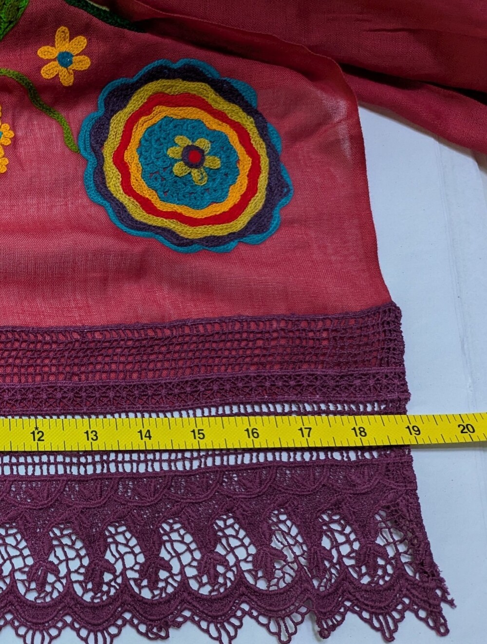Colorful Embroidered Semi Sheer Scarf Crochet Fringe 19x76 Boho Gypsy - Picture 10 of 10
